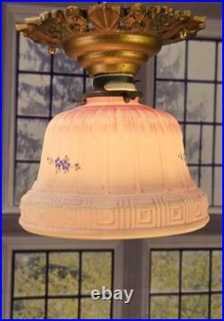 Antique 1920'S Victorian Flush Mount Painted Bell Ceiling Light Fixture Pendant
