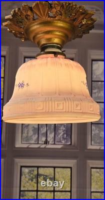 Antique 1920'S Victorian Flush Mount Painted Bell Ceiling Light Fixture Pendant