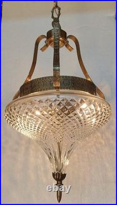 Antique Art Deco Brass Cut Glass Ship Ceiling Light Vintage Hanging Lamp Fixture