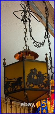 Antique Art Deco Glass Style Lantern/Hanging Ceiling Lamp Horse & Buggy