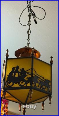Antique Art Deco Glass Style Lantern/Hanging Ceiling Lamp Horse & Buggy