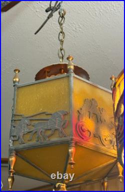 Antique Art Deco Glass Style Lantern/Hanging Ceiling Lamp Horse & Buggy