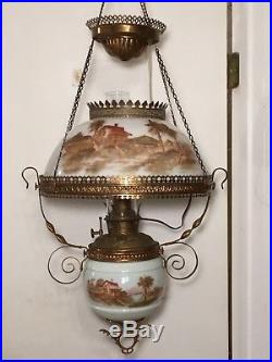 Antique Bradley Hubbard Hanging Parlor Lamp Vtg Library Oil Light Fixture Cabin