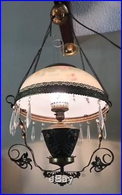 Antique Brass Hanging Converted Oil Lamp Painted Glass Shade 1800s VTG Electric