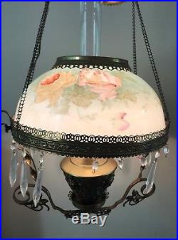Antique Brass Hanging Converted Oil Lamp Painted Glass Shade 1800s VTG Electric