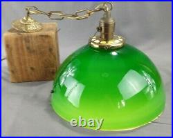 Antique Cased Green Glass Brass Hanging Pendant Chandelier Ceiling Light Lamp