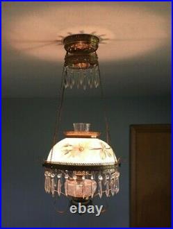 Antique Dome Milk Glass Painted Shade Hanging Oil Lamp Light Chandelier
