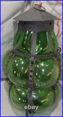 Antique GREEN Glass Hanging Light Lamp Globe OLD Caged Glass MCM Hand Blown Antique GREEN Glass Hanging Light Lamp Globe OLD Caged Glass MCM Hand Blown
