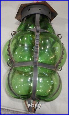 Antique GREEN Glass Hanging Light Lamp Globe OLD Caged Glass MCM Hand Blown