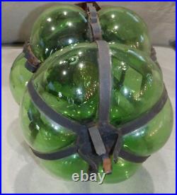 Antique GREEN Glass Hanging Light Lamp Globe OLD Caged Glass MCM Hand Blown