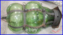 Antique GREEN Glass Hanging Light Lamp Globe OLD Caged Glass MCM Hand Blown