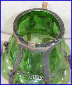 Antique GREEN Glass Hanging Light Lamp Globe OLD Caged Glass MCM Hand Blown Antique GREEN Glass Hanging Light Lamp Globe OLD Caged Glass MCM Hand Blown