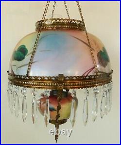Antique GWTW RAINBOW Crystal Prism Hanging Parlor Library Oil Lamp Chandelier