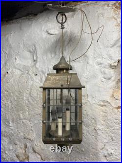 Antique H-Rod Brass Colonial Style Lantern Hanging Lamp Vintage Pendant Light