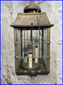 Antique H-Rod Brass Colonial Style Lantern Hanging Lamp Vintage Pendant Light