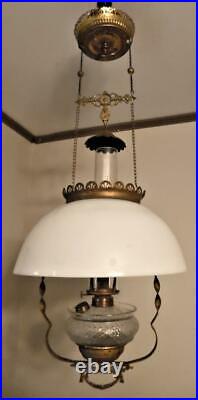 Antique Hanging Kerosene Oil Lamp Brass Frame Opal Glass Lomax Font