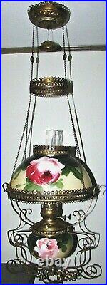 Antique Hanging Kerosene Oil Lamp Brass Frame Rose Motif Opal Glass Electrified