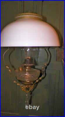 Antique Hanging Lamp Kerosene Kitchen Brass Frame White Shade Frosted Font As Is