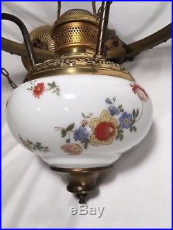Antique Hanging Oil Lamp Electrified Victorian Parlor Light Fixture Vtg Floral