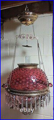 Antique Hanging Oil Lamp Jeweled Frame Cranberry Hobnail Shade