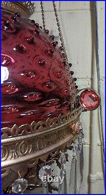 Antique Hanging Oil Lamp Jeweled Frame Cranberry Hobnail Shade