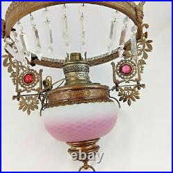 Antique Hobnail Cranberry Satin Glass Library Parlor Hanging Lamp Electrified