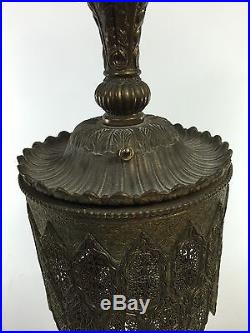 Antique Moroccan CHANDELIER Brass Hanging Pendant Lamp Vintage MCM Tiered 815