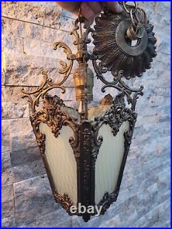 Antique ORNATE BRASS lamp vintage Victorian Gothic swag glass ancient hanging