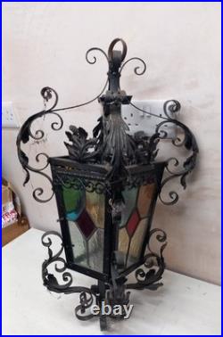 Antique Ornate Wrought Iron Stained Glass Hanging Light lamp porch lantern