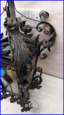 Antique Ornate Wrought Iron Stained Glass Hanging Light lamp porch lantern