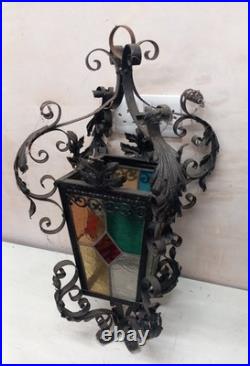 Antique Ornate Wrought Iron Stained Glass Hanging Light lamp porch lantern