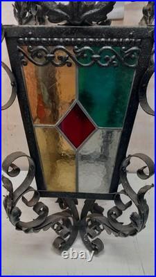 Antique Ornate Wrought Iron Stained Glass Hanging Light lamp porch lantern