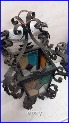 Antique Ornate Wrought Iron Stained Glass Hanging Light lamp porch lantern