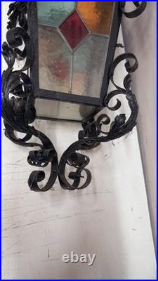 Antique Ornate Wrought Iron Stained Glass Hanging Light lamp porch lantern