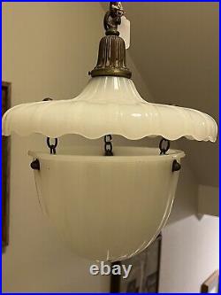 Antique Rare Arts Crafts Deco Opaline Glass Acorn Hanging Pendant Lamp 2 Shades