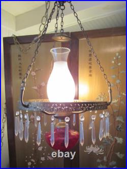 Antique Ruby Red Optic Glass Hanging Parlor Lamp Light w Crystals Victorian