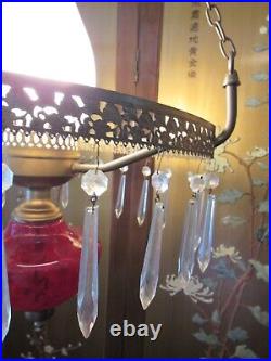 Antique Ruby Red Optic Glass Hanging Parlor Lamp Light w Crystals Victorian
