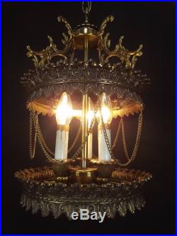 Antique SOLID BRASS 3 candle Swag Hanging Lamp vintage chain HOLLYWOOD REGENCY