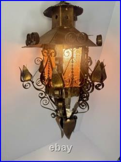 Antique Spanish Gothic Wrought Iron/Metal Textured Glass Panel Hanging Fixture Antique Spanish Gothic Wrought Iron/Metal Textured Glass Panel Hanging Fixture