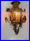 Antique Spanish Gothic Wrought Iron/Metal Textured Glass Panel Hanging Fixture
