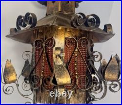 Antique Spanish Gothic Wrought Iron/Metal Textured Glass Panel Hanging Fixture Antique Spanish Gothic Wrought Iron/Metal Textured Glass Panel Hanging Fixture