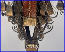 Antique Spanish Gothic Wrought Iron/Metal Textured Glass Panel Hanging Fixture