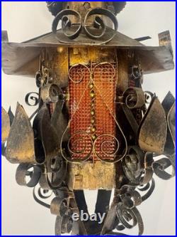 Antique Spanish Gothic Wrought Iron/Metal Textured Glass Panel Hanging Fixture Antique Spanish Gothic Wrought Iron/Metal Textured Glass Panel Hanging Fixture