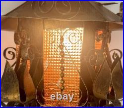 Antique Spanish Gothic Wrought Iron/Metal Textured Glass Panel Hanging Fixture