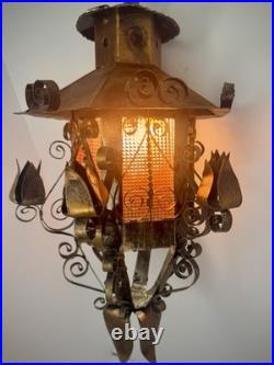 Antique Spanish Gothic Wrought Iron/Metal Textured Glass Panel Hanging Fixture