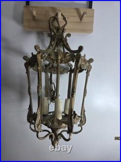 Antique Victorian Brass Six Sided Panel Hanging Pendant Hallway Lamp AS IS