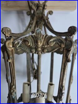 Antique Victorian Brass Six Sided Panel Hanging Pendant Hallway Lamp AS IS