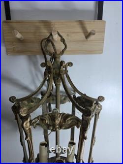 Antique Victorian Brass Six Sided Panel Hanging Pendant Hallway Lamp AS IS