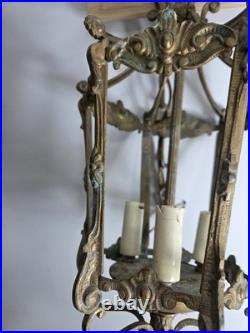 Antique Victorian Brass Six Sided Panel Hanging Pendant Hallway Lamp AS IS