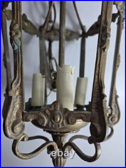 Antique Victorian Brass Six Sided Panel Hanging Pendant Hallway Lamp AS IS
